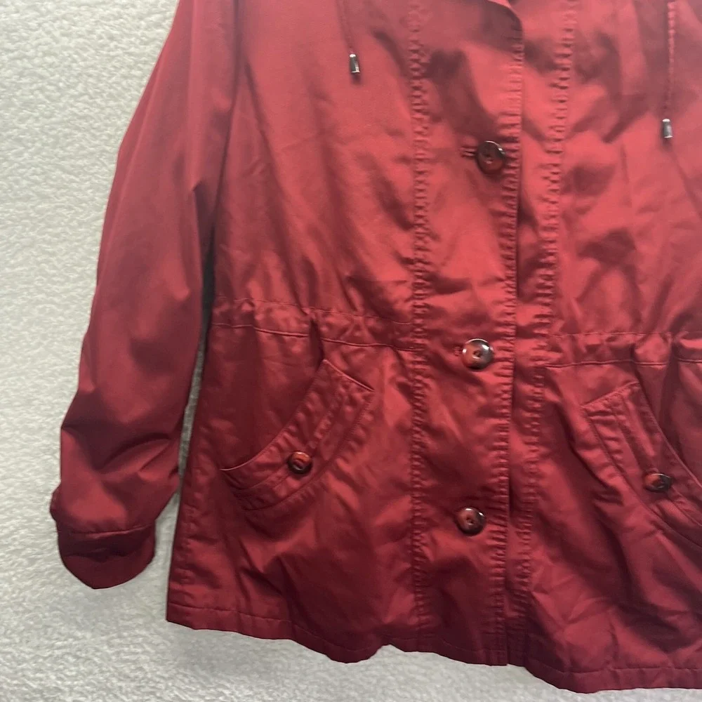 St Johns Bay Jacket Womens Small Red Pockets Full Zip Button Hooded Chore Preppy